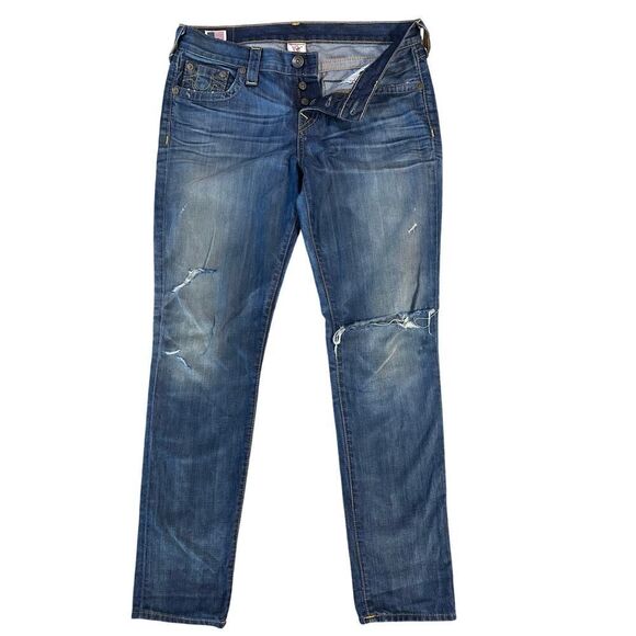 True Religion Straight Leg Distressed Button Fly Denim Jeans Women’s Size 31x31 - Picture 1 of 16